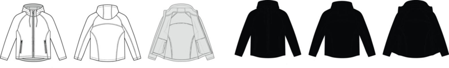 Technical fashion flat sketch of zipped hooded fleece jacket and outerwear vector template © MstAshida
