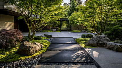 Obraz premium A serene garden pathway surrounded by lush greenery, offering a peaceful retreat in nature's embrace.