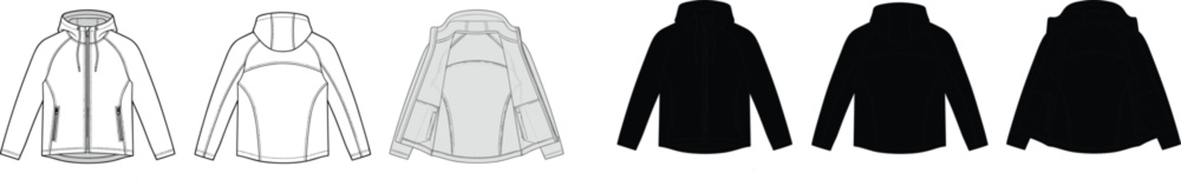 Technical fashion flat sketch of zipped hooded fleece jacket and outerwear vector template