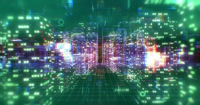 Futuristic Metropolis Skyline with AI Data Overlay and Glowing Skyscraper Architecture. Technology Related 3D Animation.