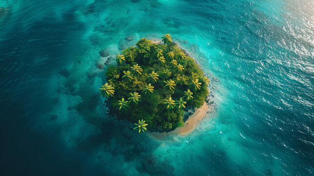 Aerial top view of island with turquoise ocean and tropical palm trees