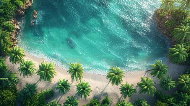 Aerial top view of island with turquoise ocean and tropical palm trees
