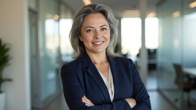 Confident woman in suit standing in office with hands crossed over chest.