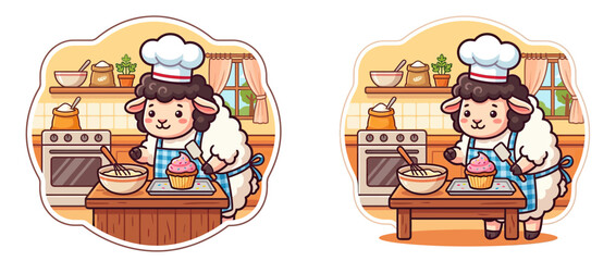 Cute sheep chef decorating cupcake in cozy kitchen