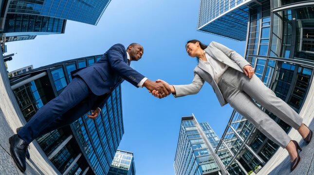 Two businesspeople greet each other with a handshake amidst modern skyscrapers.