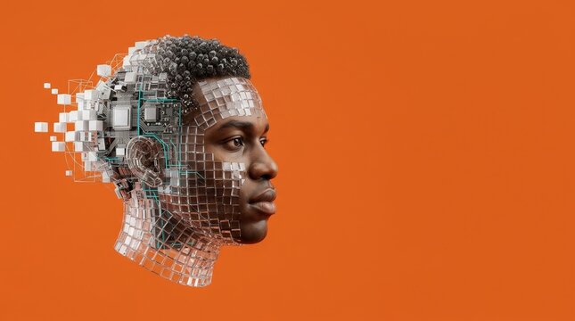 A digital human head transforms into pixels and circuits against an orange background, symbolizing technology integration.
