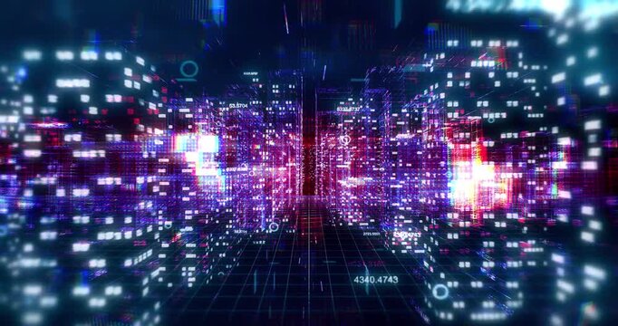 Smart City Night Skyline with AI Network Connection Overlaying High Rise Skyscrapers. Technology Related 3D Animation.