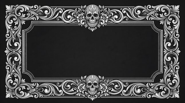 Ornamental gothic frame with skull and floral scrollwork on black background
