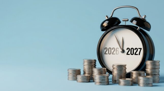 Stacked coins beside an alarm clock showing years 2026 and 2027. Symbolizes financial planning.