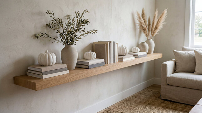 Minimalist wooden wall shelf decorated with ceramic pumpkins and vases with dry grass. Modern living room interior design with autumn home decor accessories. Neutral cozy style.
