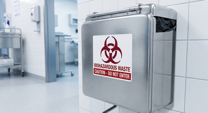 Biohazardous Waste Disposal Receptacle Mounted on White Tiled Hospital Wall Showing Red Warning Symbol for Infectious Clinical Materials Management