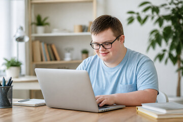 Fototapeta premium A young man wearing glasses is smiling while working on a laptop at a wooden desk in a bright, modern home office setting.