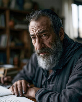 Pensive man with a grey beard and a skullcap