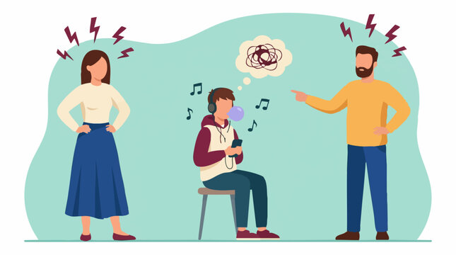 Angry parents scolding distracted teenager with headphones and phone