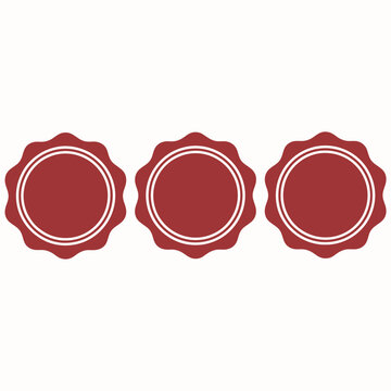 Tres insignias o sellos circulares rojos con bordes festoneados sobre fondo blanco