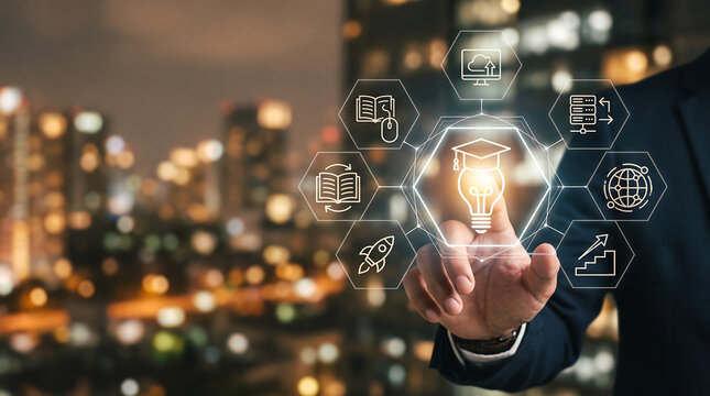 Businessman touching innovative digital interface with icons representing microlearning and smart education