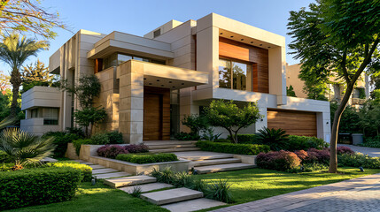 Fototapeta premium A stunning modern house with elegant design and lush garden, showcasing contemporary architecture and landscaping.