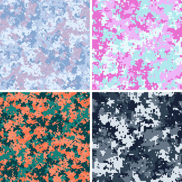 Four seamless camouflage swatches feature denim, rose, walnut, navy palettes plus broken organic marks, tropical pack suits prints, backdrops, scrapbooking, graphics, textiles, covers, graphics asset.
