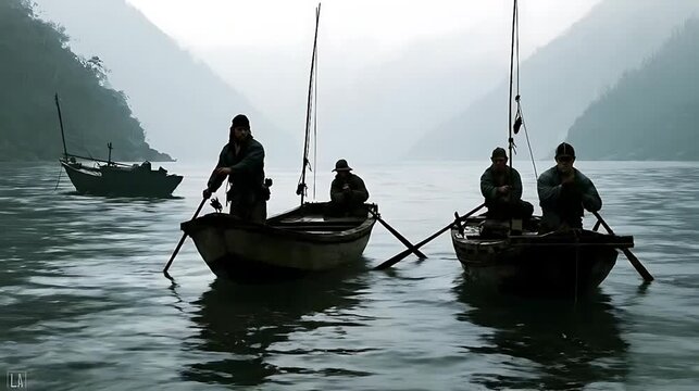 Fishermen rowing wooden boats on misty morning lake.