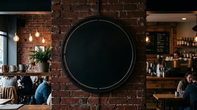 Empty Black Circular Sign Mounted on Exposed Brick Wall in a Cozy Cafe