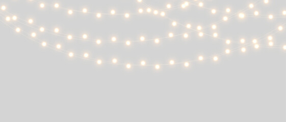 Obraz premium Vector Christmas lights on a transparent background. Christmas light PNG. Set of Christmas glowing garlands. For advertising invitations, web banners, postcards. Vector. Christmas decoration, LED lam