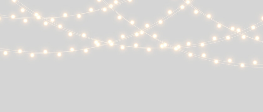 PNG Christmas lights with glowing bulbs for holiday cards and banners overlay background