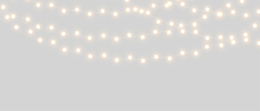 Vector Christmas lights on a transparent background. Christmas light PNG. Set of Christmas glowing garlands. For advertising invitations, web banners, postcards. Vector. Christmas decoration, LED lam