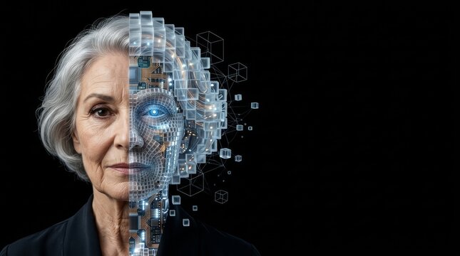Half-human, half-robot elderly woman face on black background. Symbolizes technology integration.