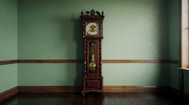 Antique Grandfather Clock Standing Tall in a Room with Green Walls.