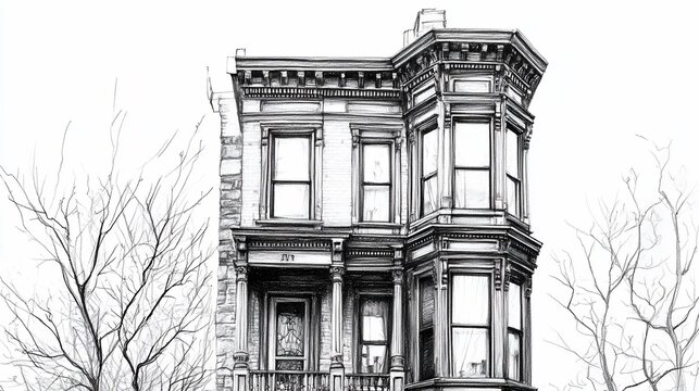 Detailed pen & ink drawing of a Victorian townhouse. Features windows, ornate details, trees