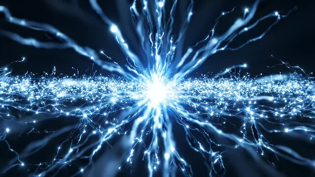 Abstract blue glowing neural network with light particles