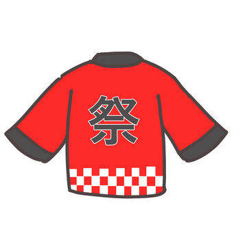 Red Japanese happi coat back view with matsuri kanji illustration. Hand drawn festival jacket with checkered hem isolated on white background for summer festival design.