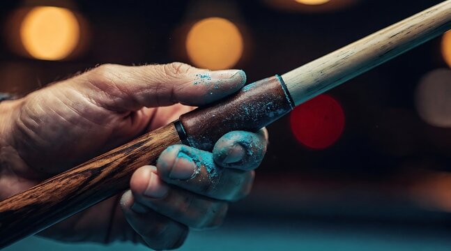 Close-up of a persons hand holding a billiard cue stick with chalk on fingers.