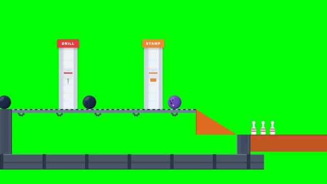 2D Cartoon Factory Animation of Bowling Ball Production on Green Screen Chroma Key