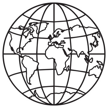 Detailed black and white line art illustration of the earth globe with continents and grid