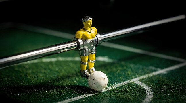 Close-up of a yellow foosball player on a metal rod with a white ball on a green table.