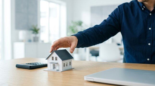 A hand places a small house model next to a calculator and laptop on a wooden desk.