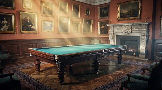 Elegant billiard room with classic pool table and sunbeams streaming through the window.