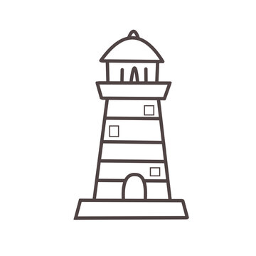 Hand drawn line art lighthouse illustration. Cute coastal lighthouse tower isolated on white background for marine and seaside design.