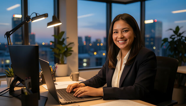 Smiling businesswoman working on laptop. Professional female employee typing at office desk.