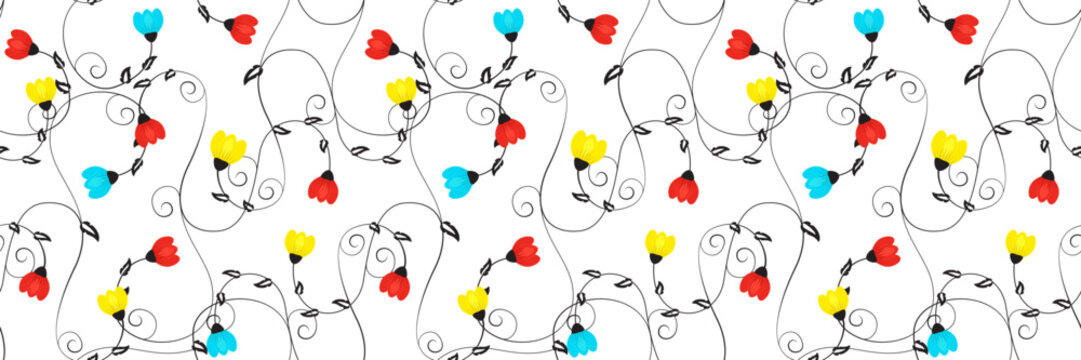 Simple seamless pattern with spring flowers. Abstract organic background with black swirls, leaves and color small blooms. Floral seamless pattern, vector illustration