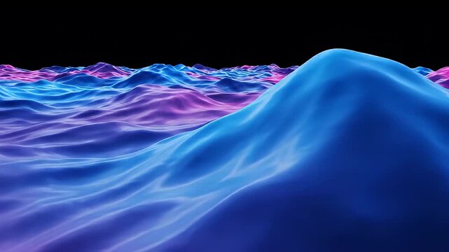 Abstract landscape with glowing purple and blue waves under a black sky