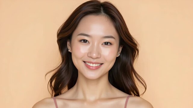 A cheerful young woman with long hair smiling at the camera against a plain background.