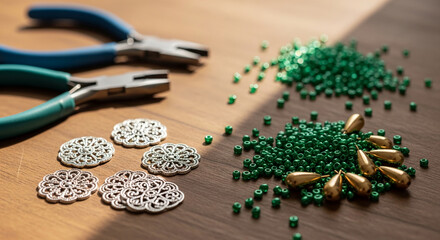 Naklejka premium Tools, silver filigree, green beads and golden pendants on a wooden surface, representing jewelry making or craft project preparation