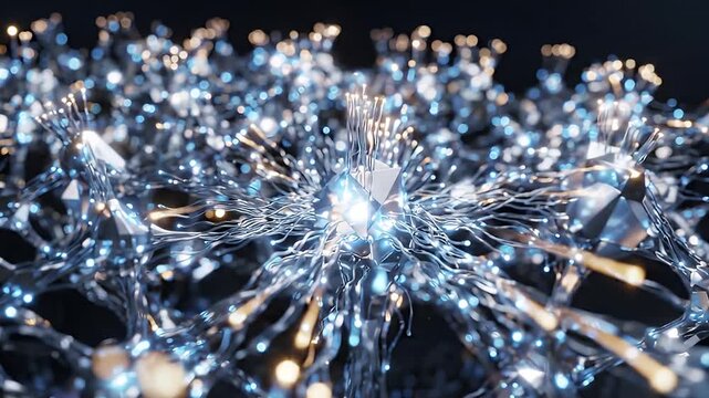 Abstract network of glowing blue and gold nodes with crystalline structures