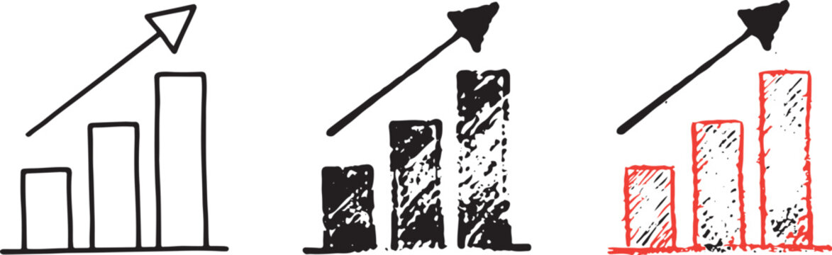 Set of three hand drawn bar charts with upward arrows showing business growth progress