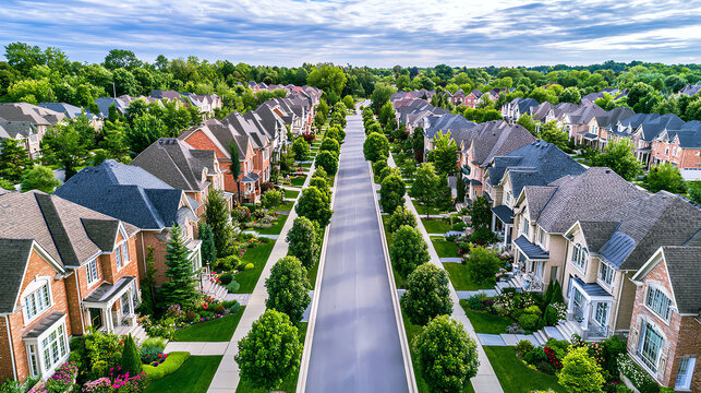 Aerial view of a serene residential neighborhood with well-maintained houses and tree-lined streets under a blue sky.