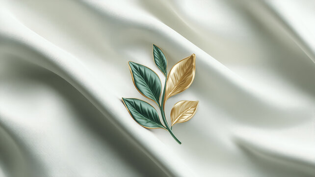 luxury white and green leaf icon with soft gold accents, minimal premium beauty branding style