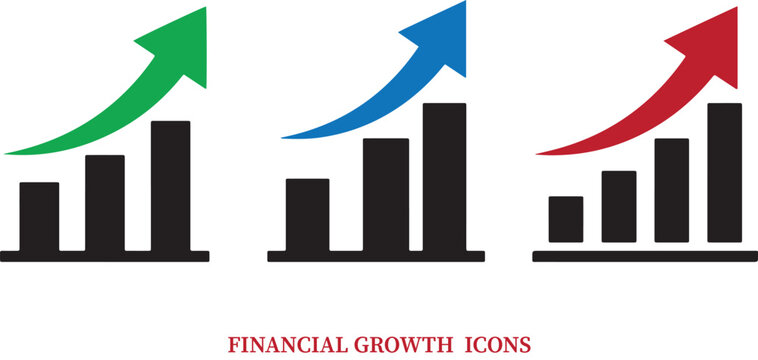 Set of financial growth bar chart icons with rising arrows in different colors