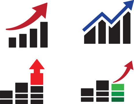 Set of four business growth bar charts and financial arrows showing progress and profit